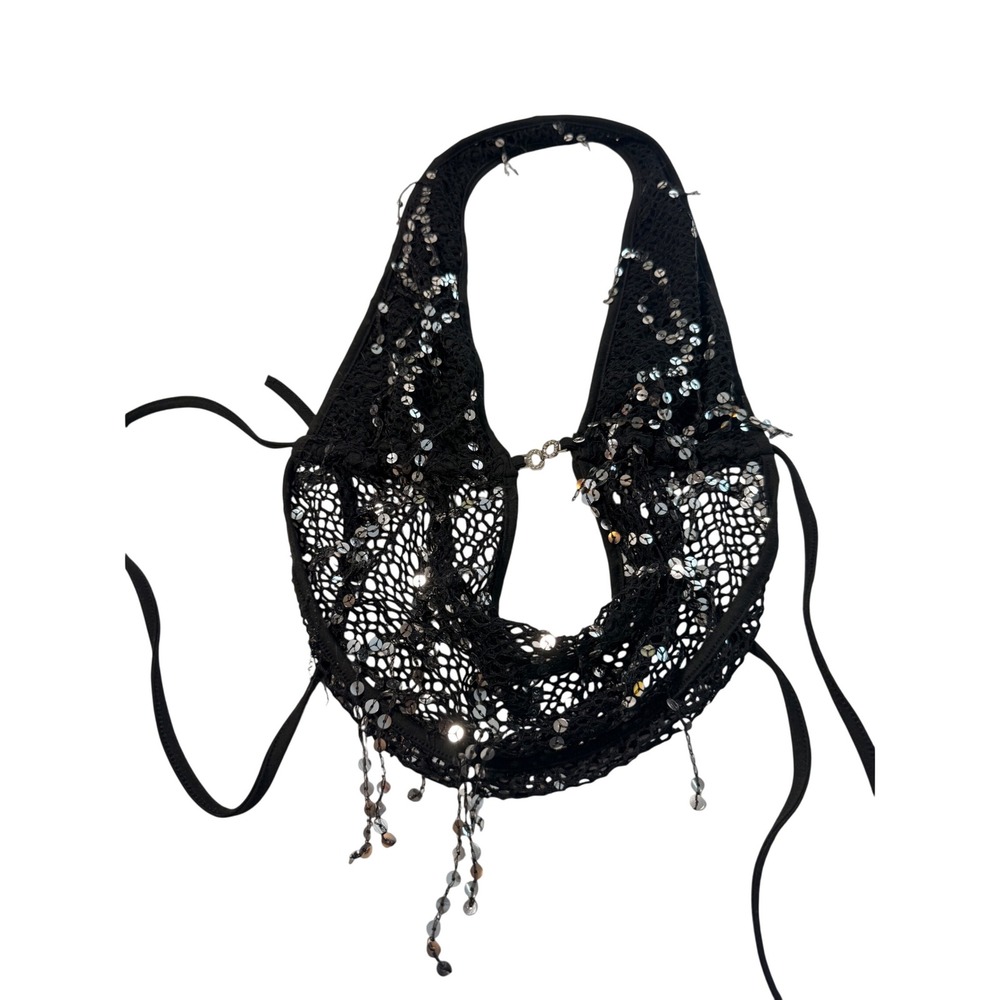Black Halter Drape Tie Back Sequin Crochet Cowl Neck Festival Concert Top